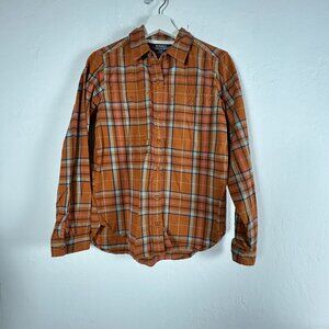 REI Co-Op Womens Orange Plaid Button-Up Shirt Small Cotton Long Sleeve Pockets